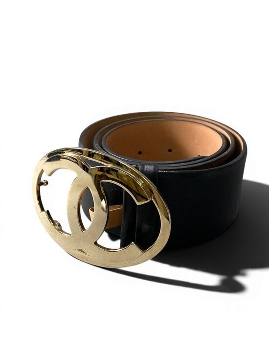 Chanel CC Logo Big Buckle Leather Belt 34 85 Black Gold main image 6